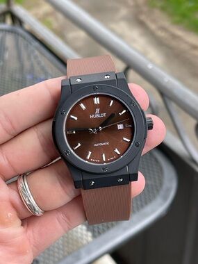 Hublot Black Case Brown Dial Rubber Strap Watch